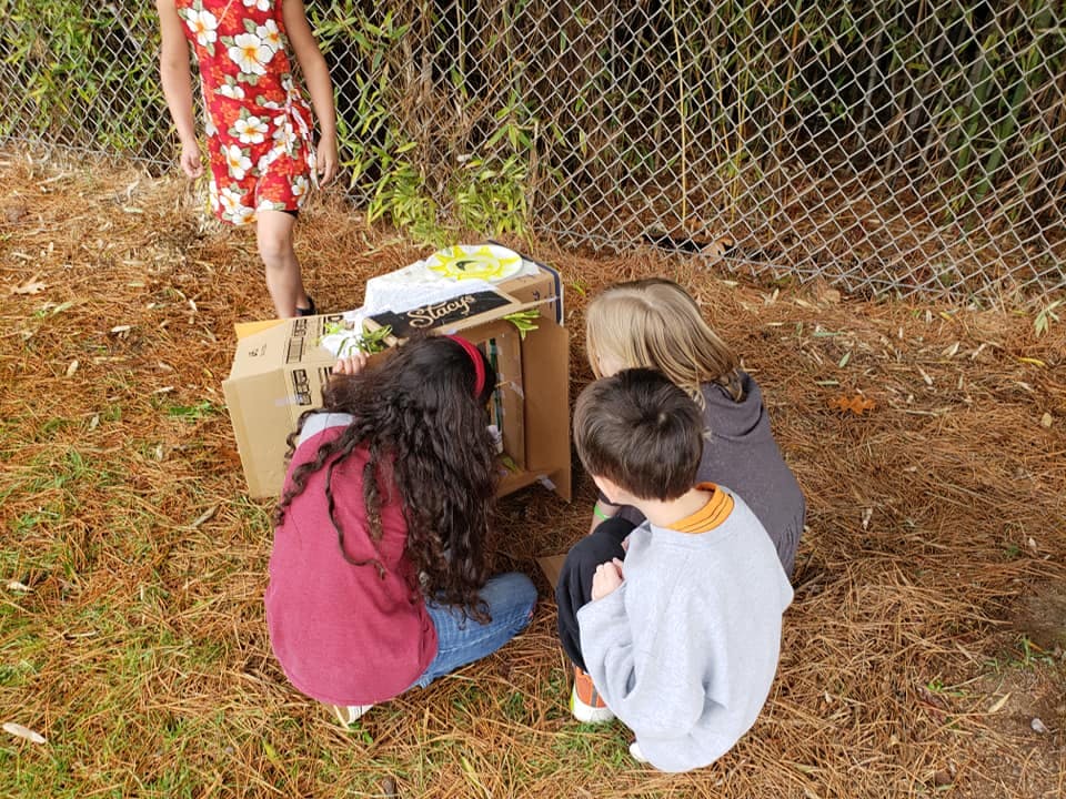 Children gathered around a cardboard box