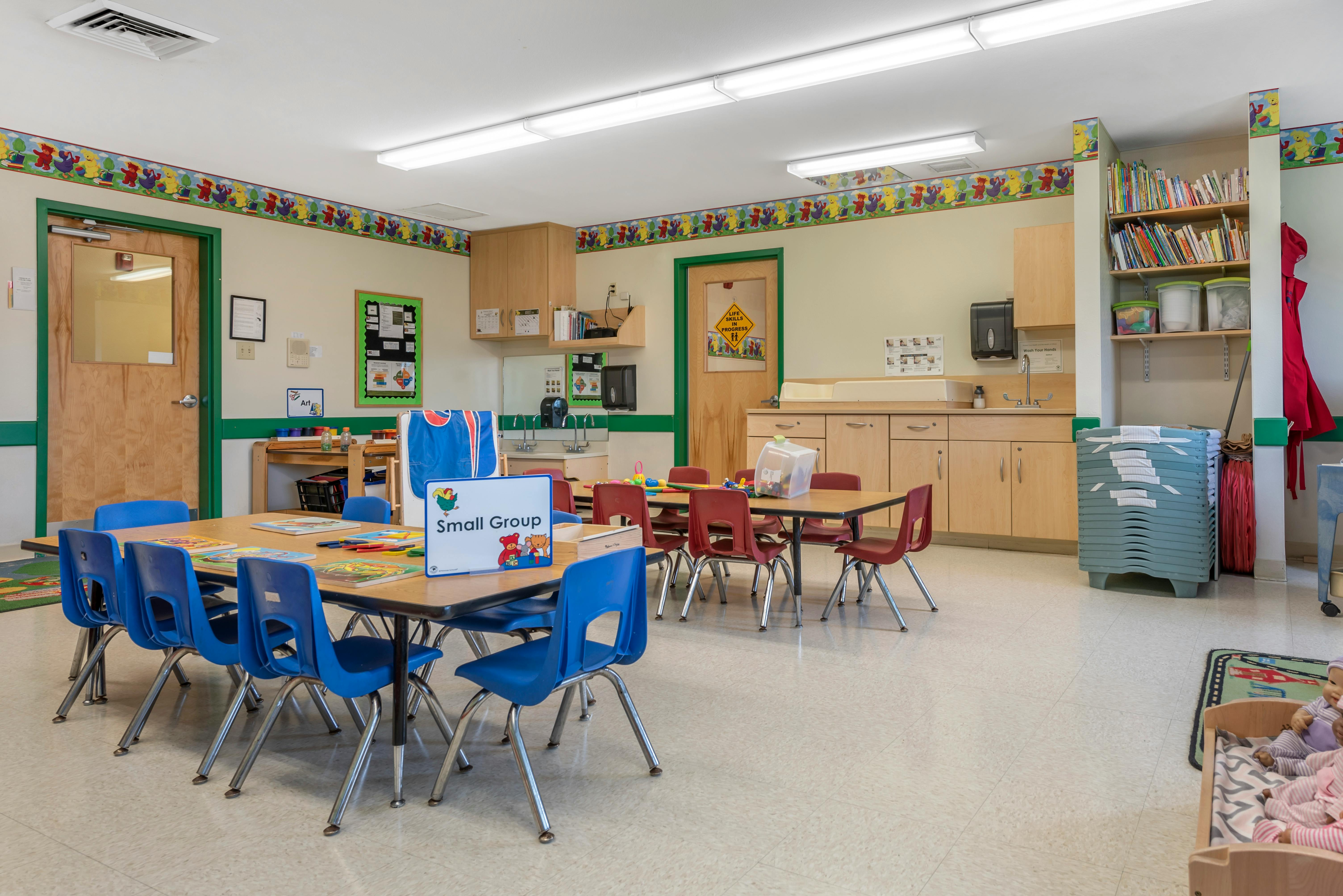 Classroom with tables and chairs, small group sign on a table