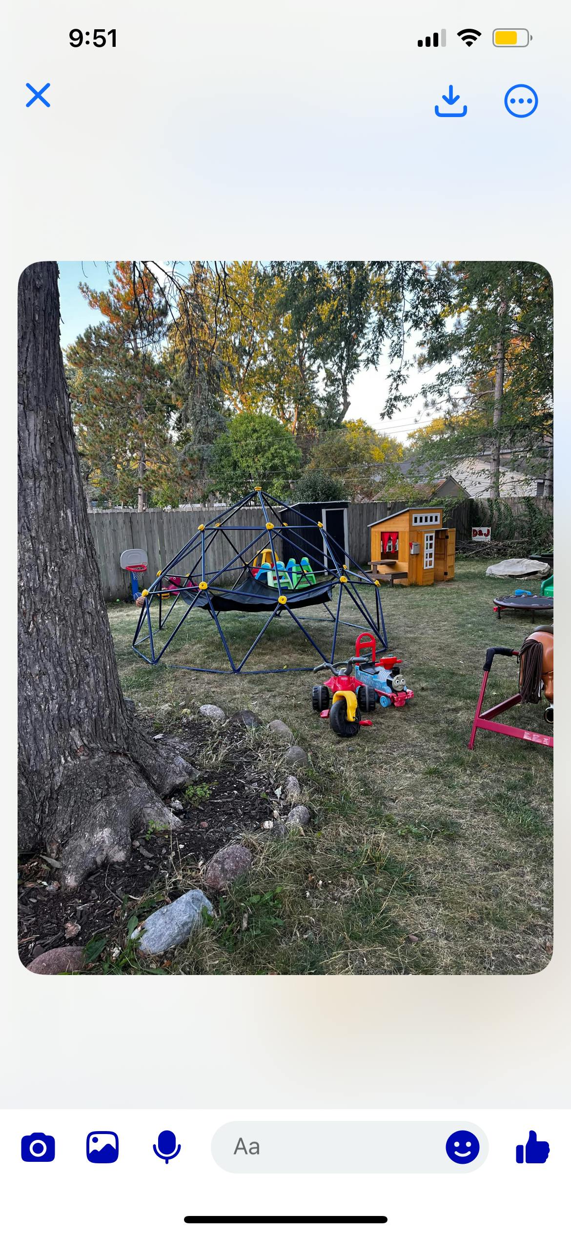 Backyard with a geodesic dome climber, playhouse, and toys