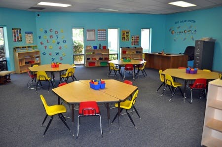 Classroom with small tables and chairs