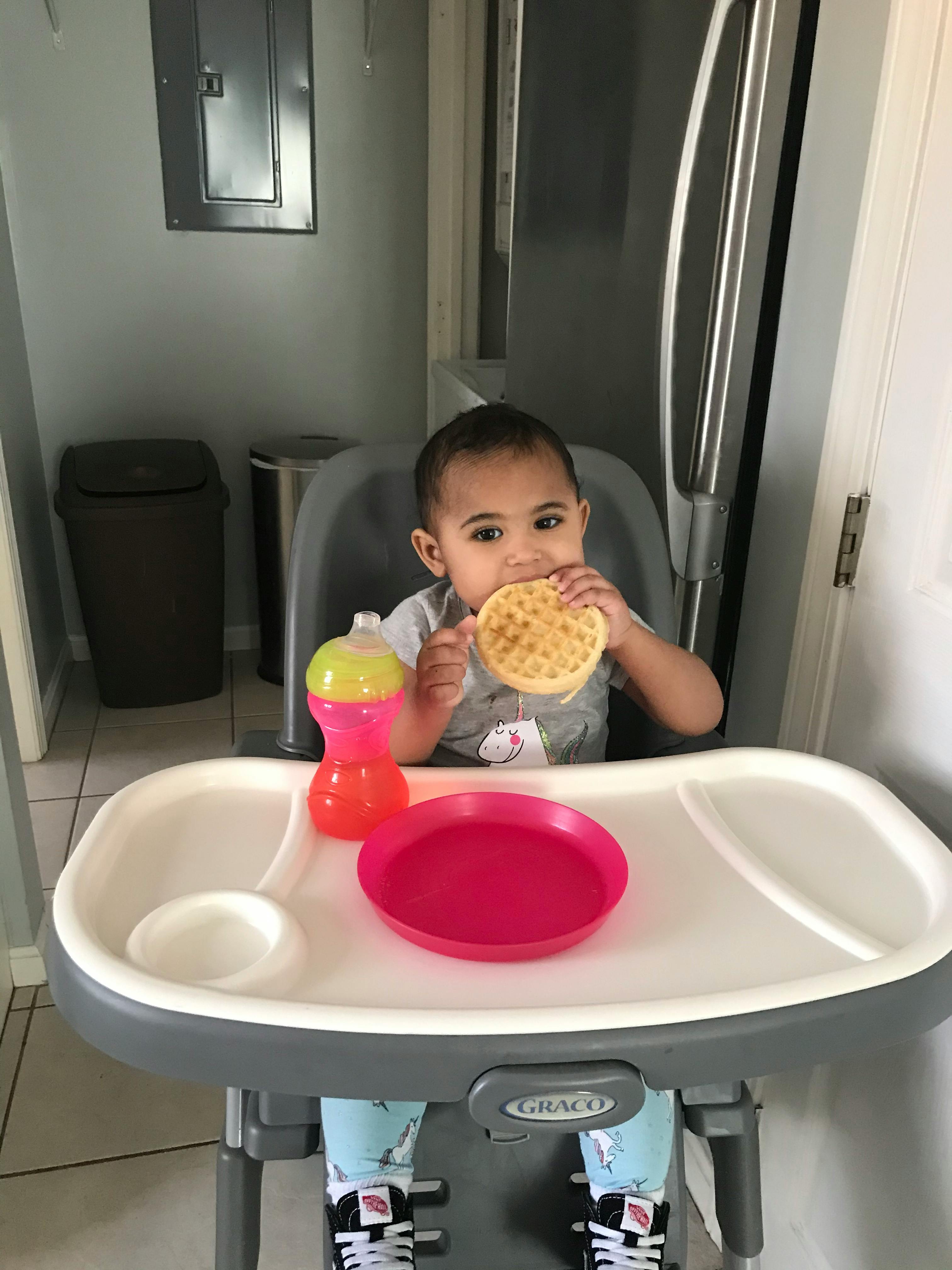 Child in a high chair eating a waffle