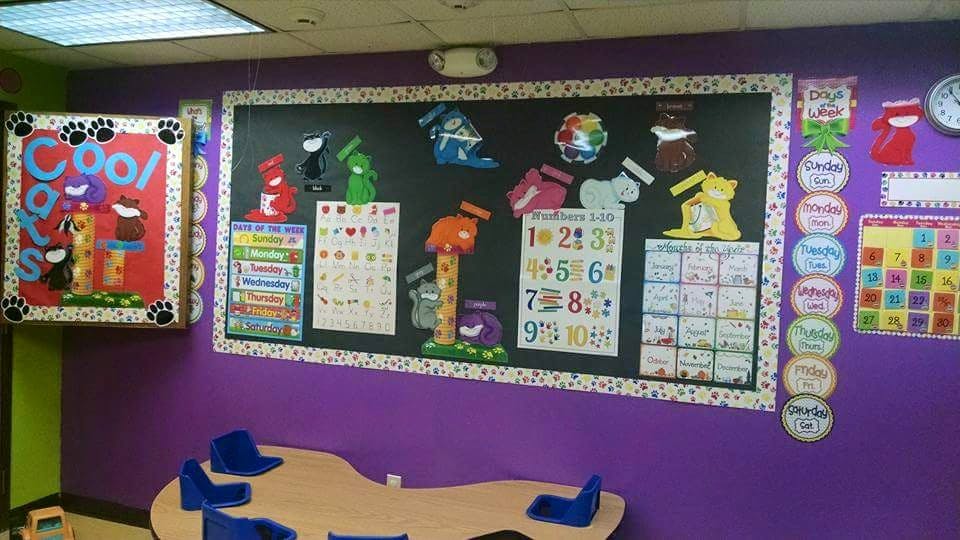Classroom wall with bulletin boards displaying numbers, letters, and decorations