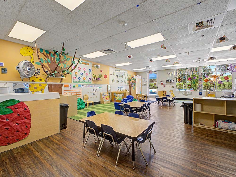 Classroom with tables, chairs, and colorful decorations