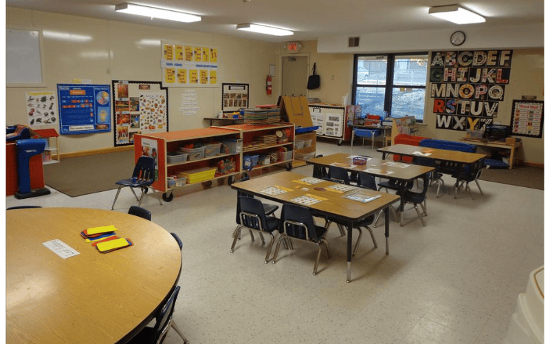 Empty classroom with tables, chairs, and educational posters on the walls