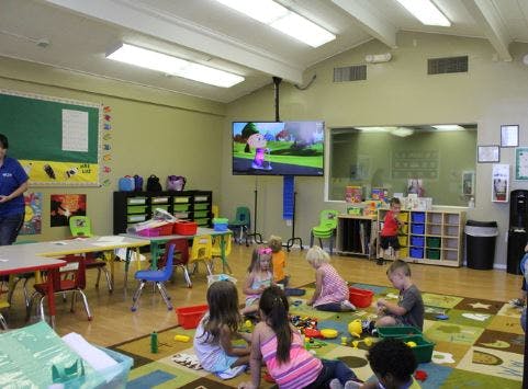Children playing on the floor in a classroom with a TV screen