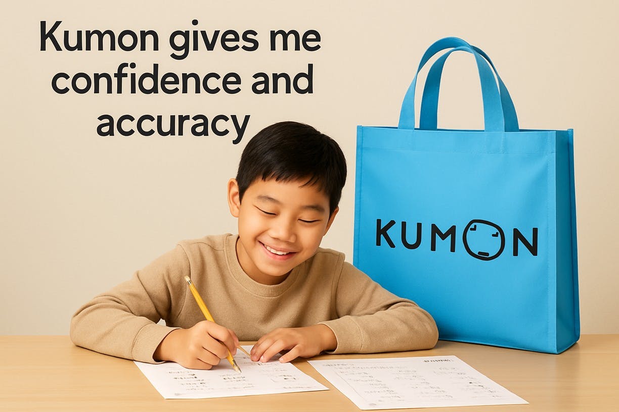 Child writing on paper with a pencil next to a blue bag that says "KUMON"