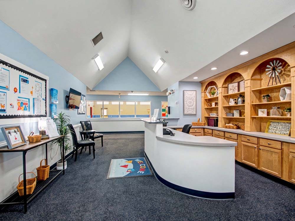 Reception desk in a building lobby