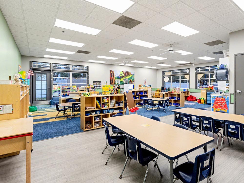 Empty classroom with small tables and chairs