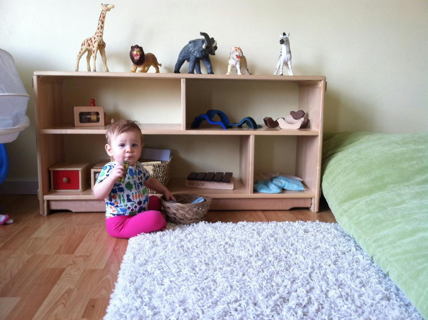 Child sitting on floor next to a bookshelf with animal figurines