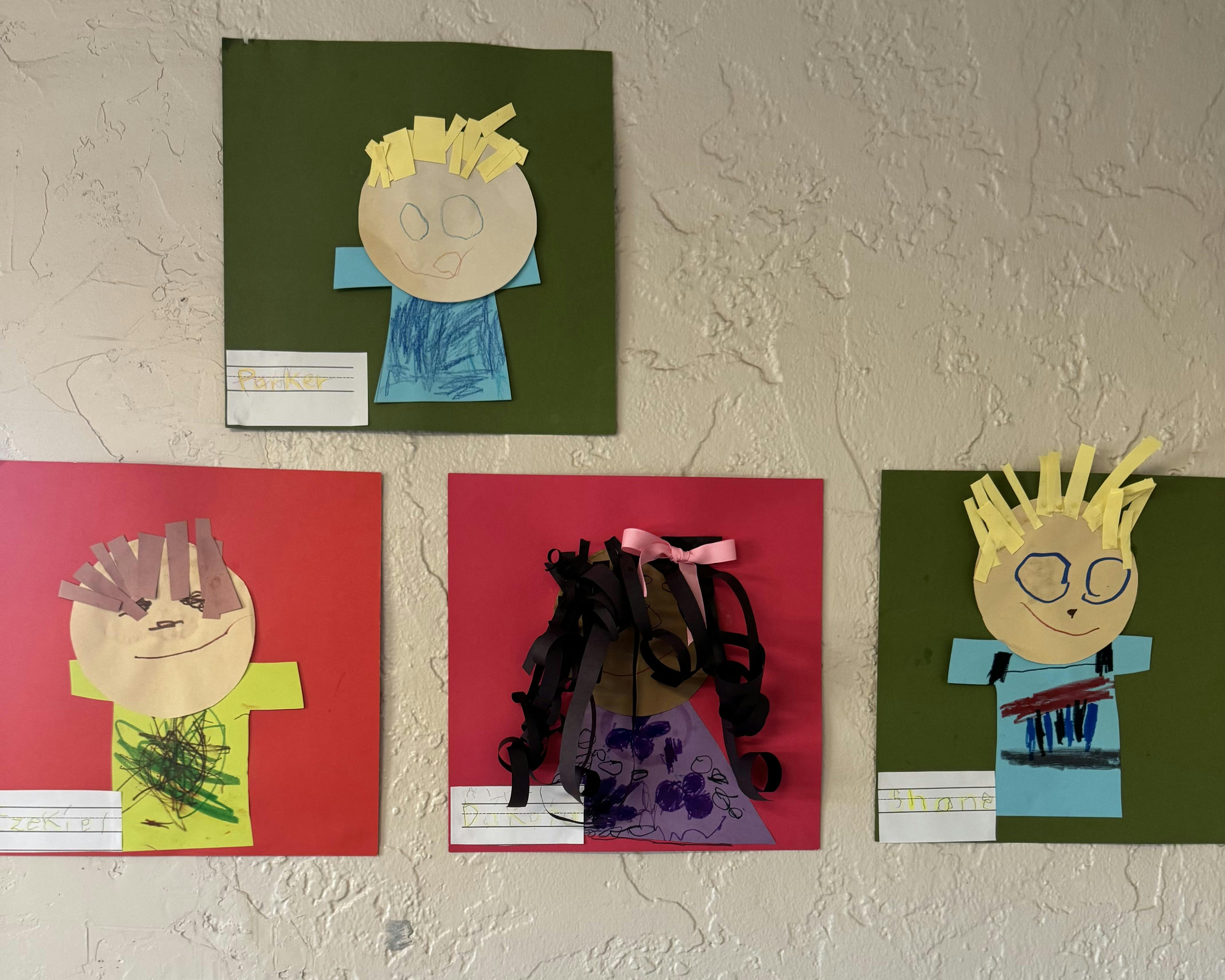 Three children's craft projects, each depicting a stylized person on a colored background