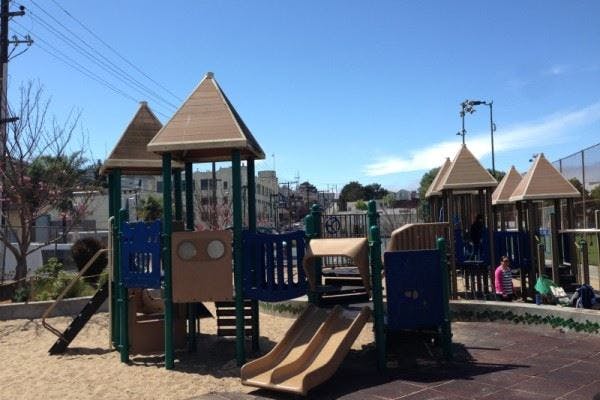 Playground with slides and climbing structures