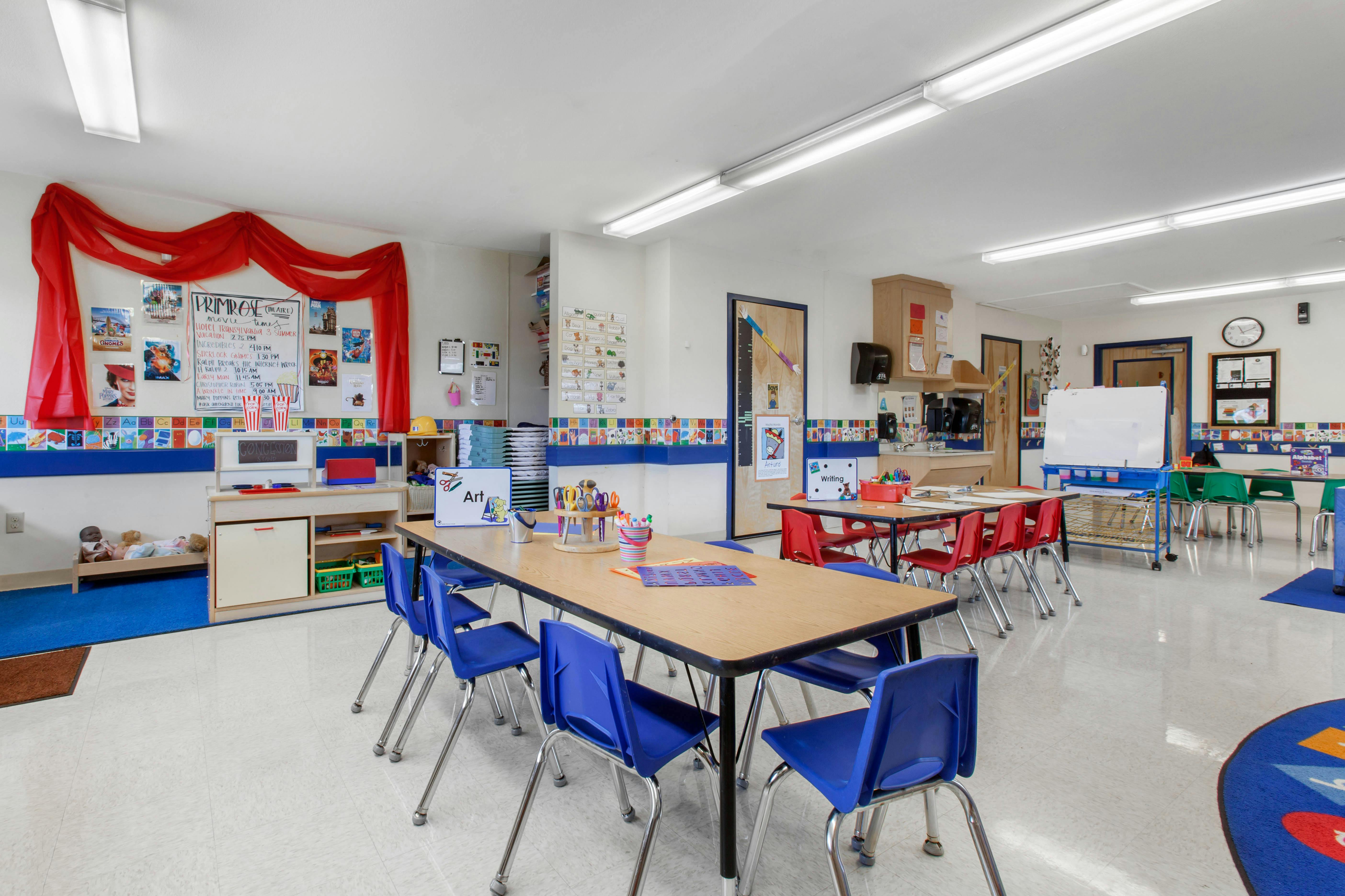 A colorful classroom with tables and chairs for children, art supplies on tables