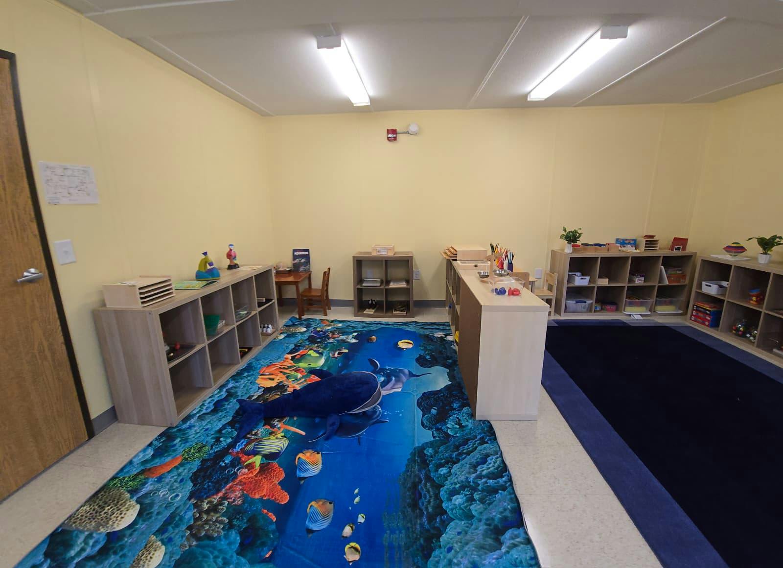 Classroom featuring open shelving and a rug with an ocean theme