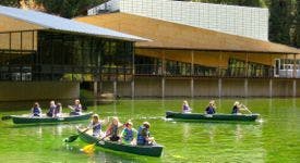 People in canoes on green water in front of a building