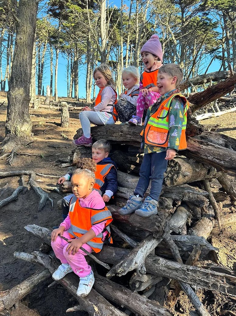 Children in safety vests sitting on logs in a wooded area