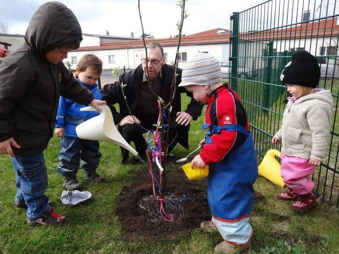 Adult and children planting a small tree in a grassy area