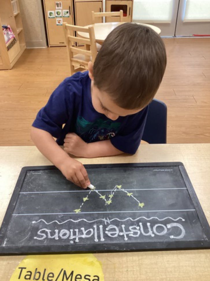 Child drawing on a chalkboard with chalk