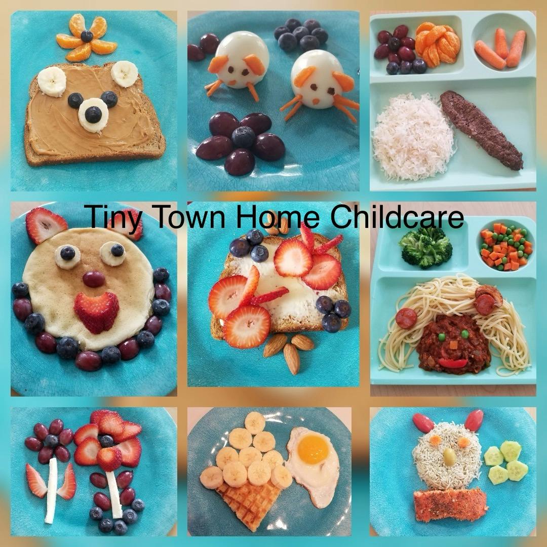 Nine plates of food arranged to look like animals and other fun shapes