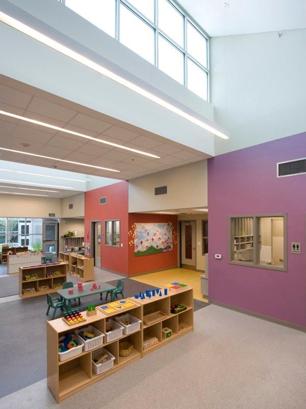 Classroom with colorful walls, tables, and shelves with learning materials