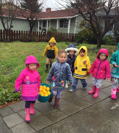 Children in raincoats walking on a sidewalk, one carrying a bucket of yellow objects