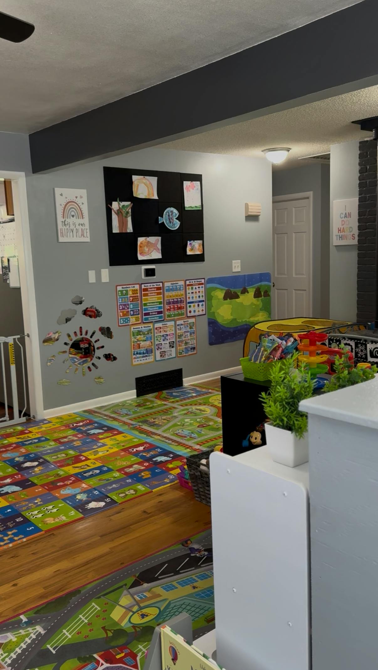 Playroom with colorful rug, wall decorations, and toys