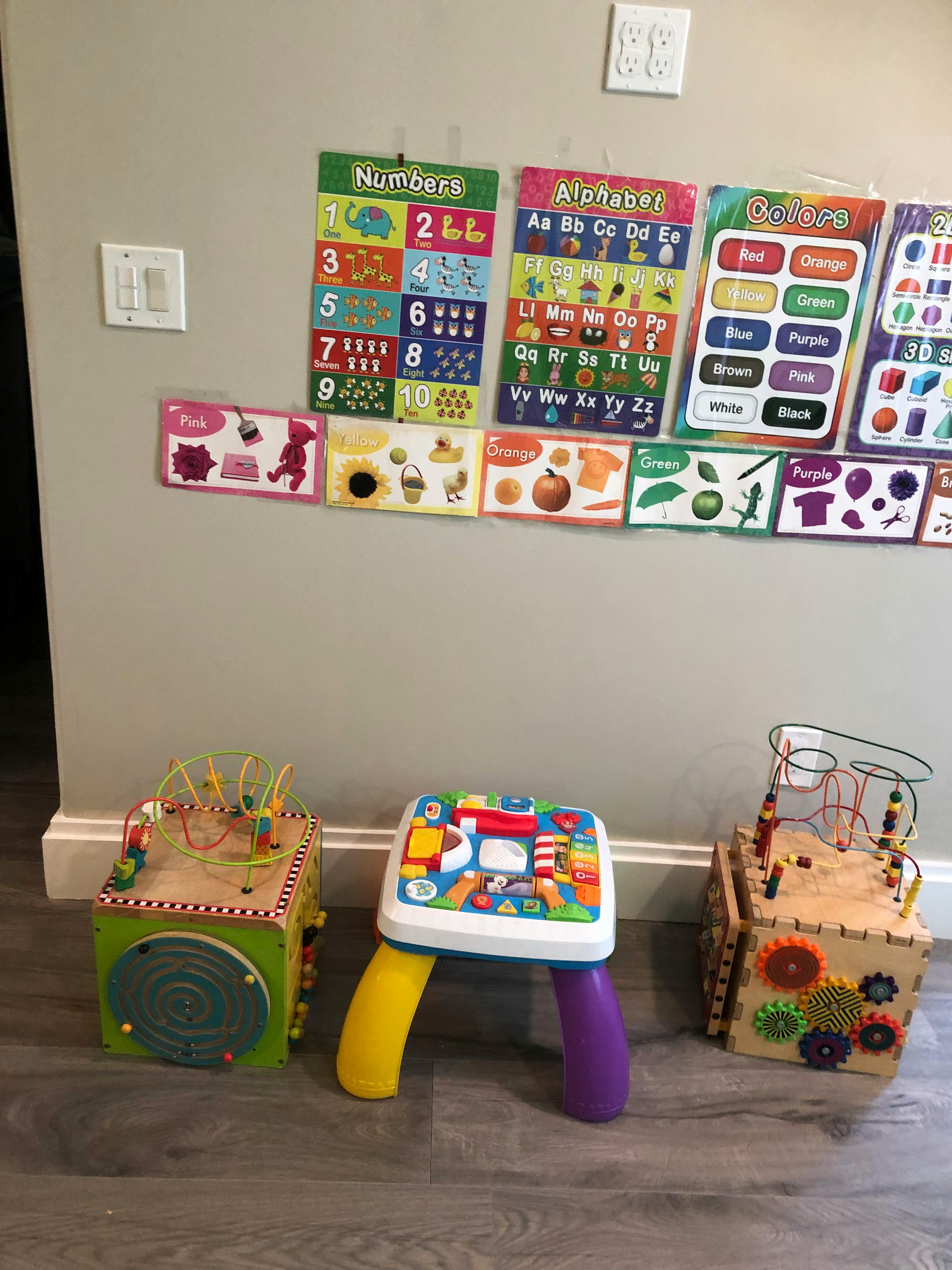Educational posters on a wall above children's toys
