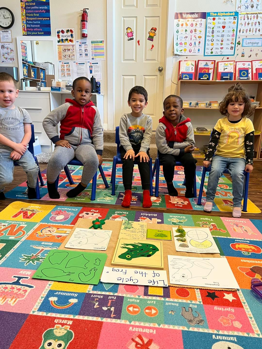 Four children sitting on chairs in a classroom with frog life cycle materials on the floor