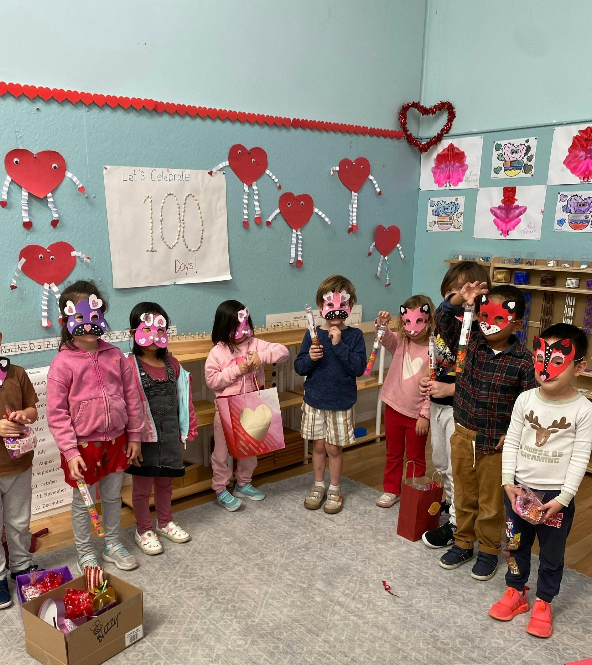 children wearing animal masks and holding gifts in a classroom