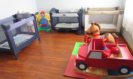 Three cribs and a red toy truck with a horse and spider toy
