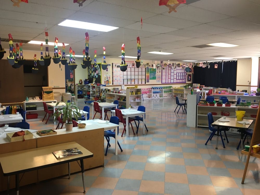 Empty classroom with small tables and chairs