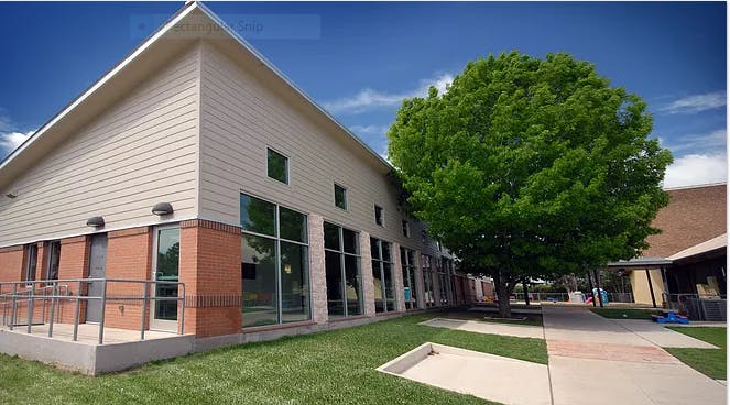 Building exterior with large windows and a tree