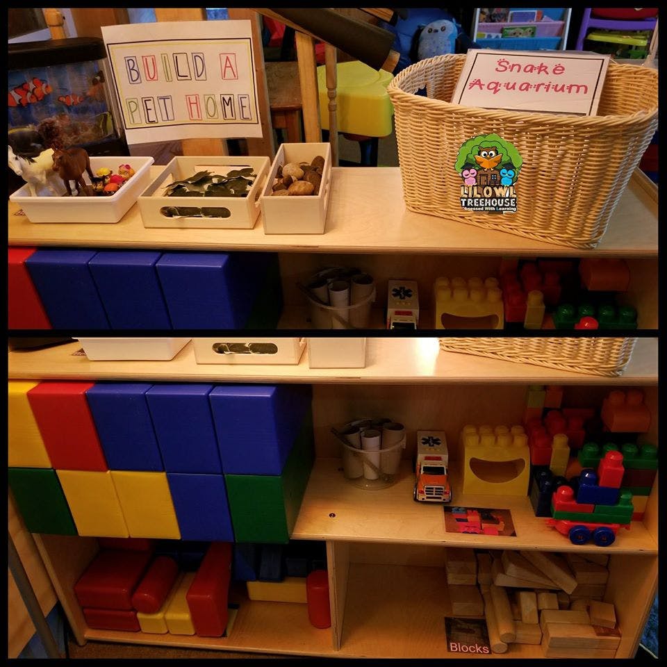 Shelves with toys, including blocks, animal figures, and a basket with a "Snake Aquarium" sign
