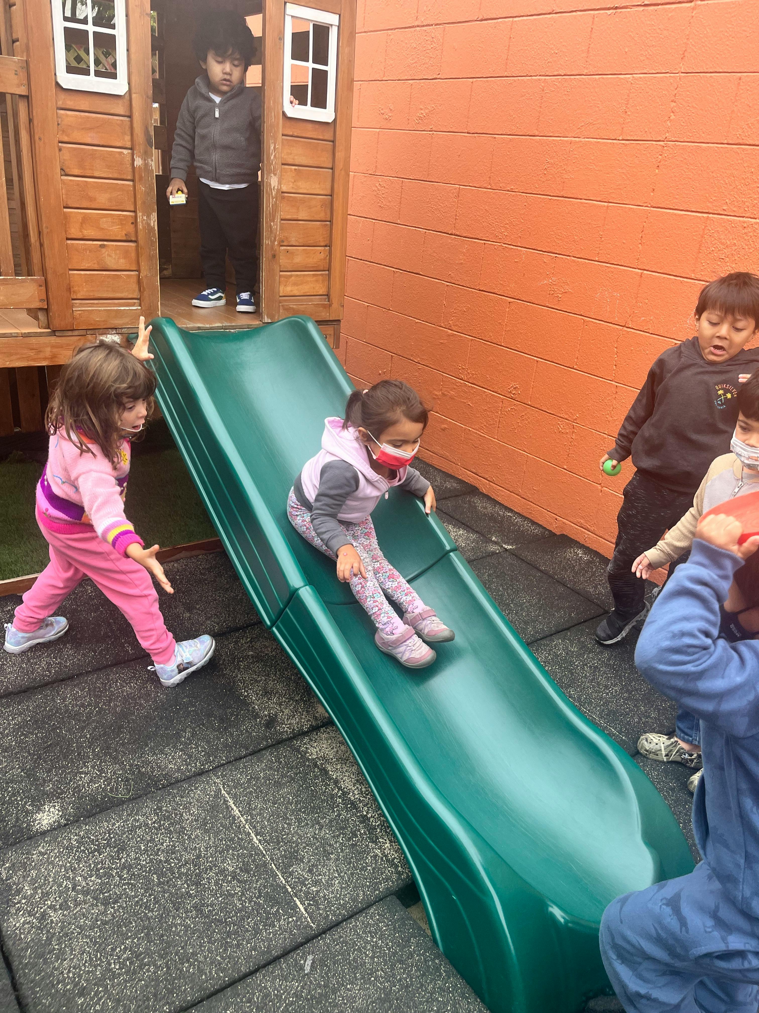 Children playing on a slide and in a playhouse