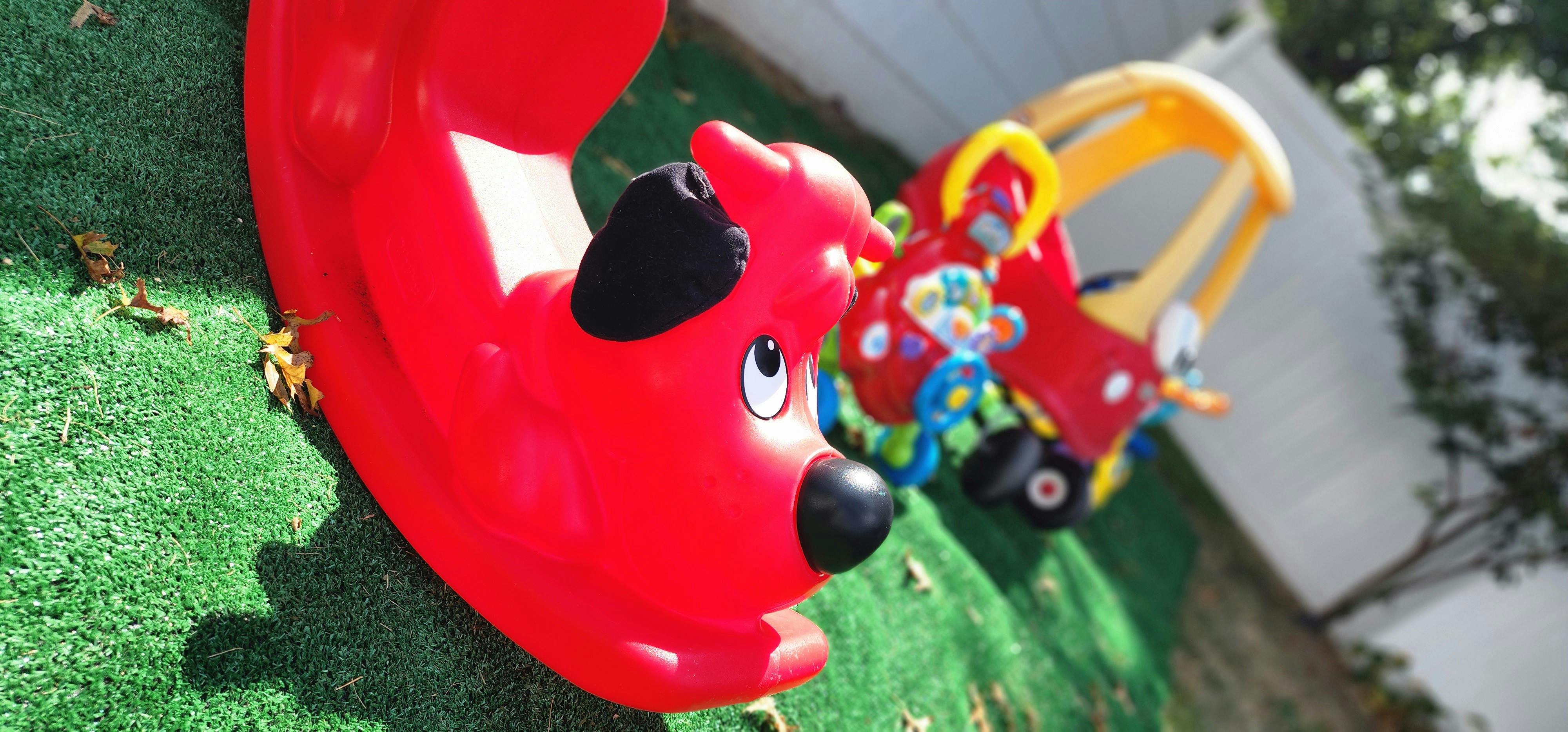 Red dog-shaped spring rider and toy car on green turf