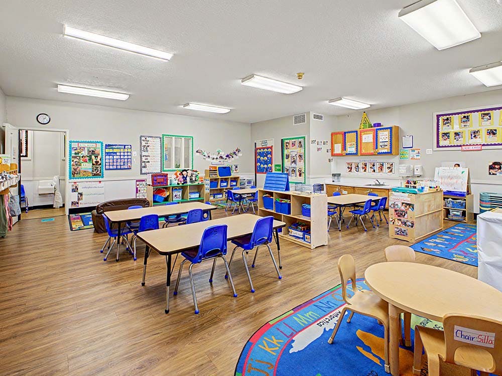 Empty classroom with small tables and chairs