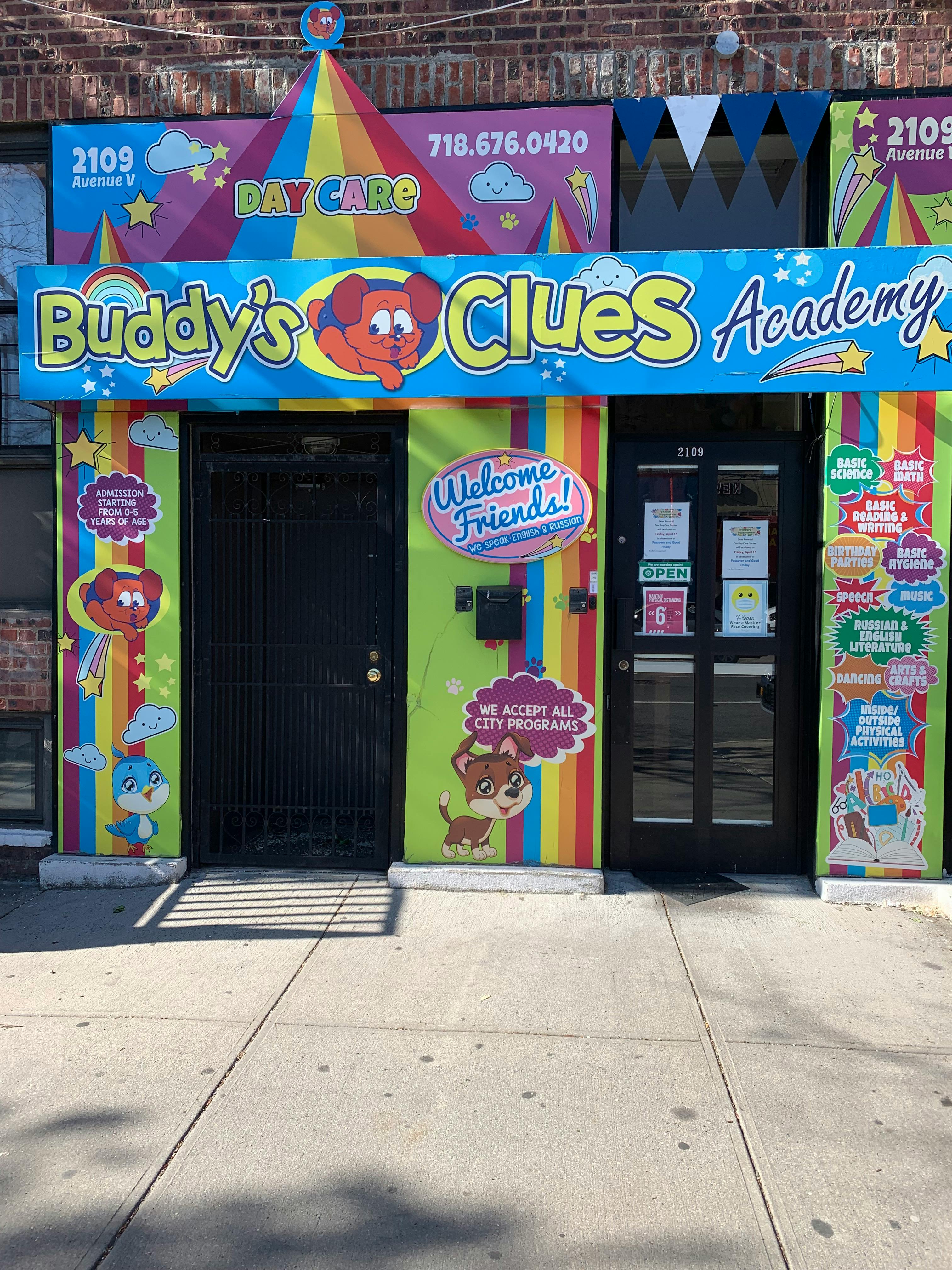Buddy's Clues Academy Day Care storefront with colorful decorations
