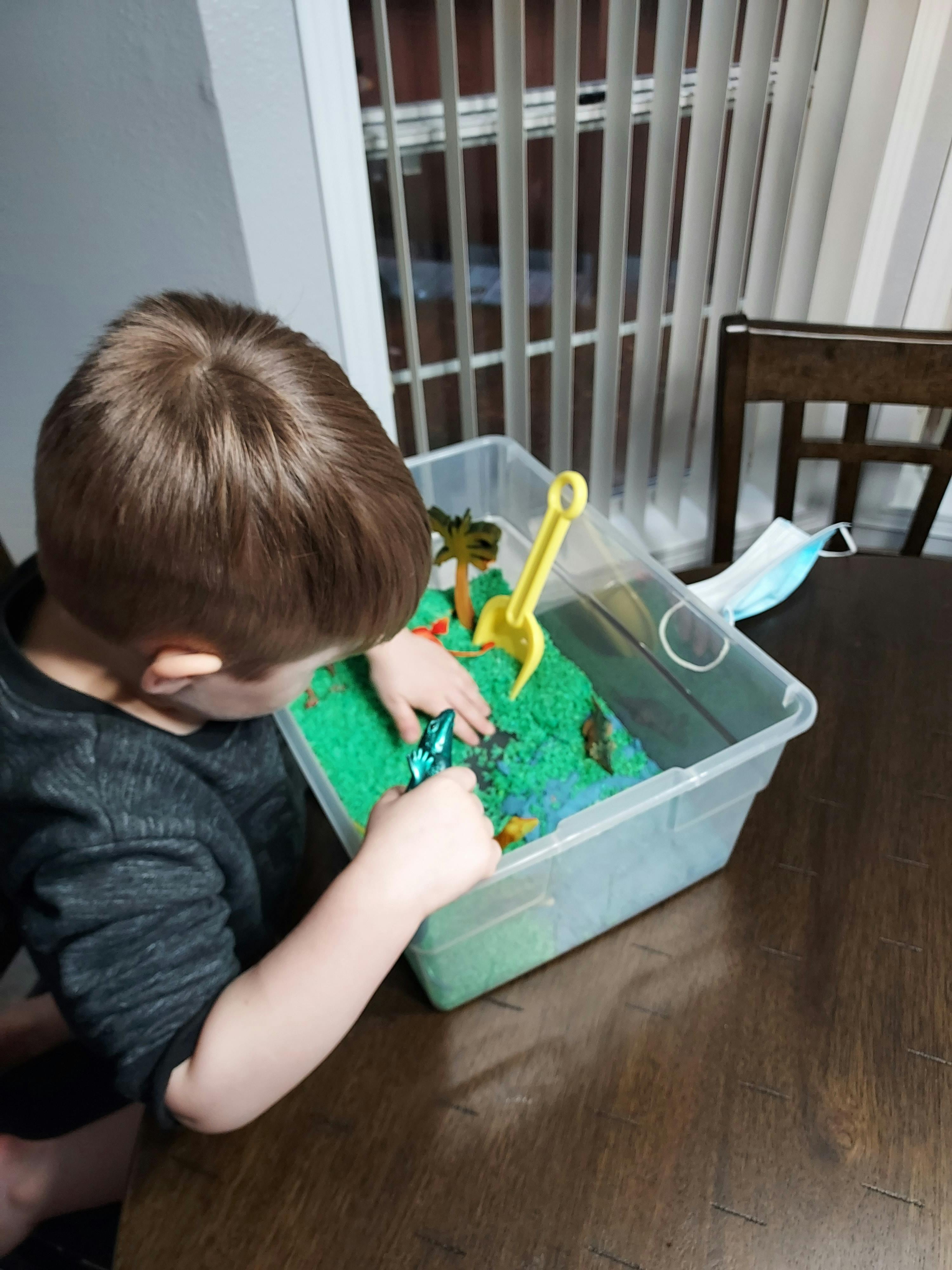 Child playing with dinosaur toys in a sensory bin