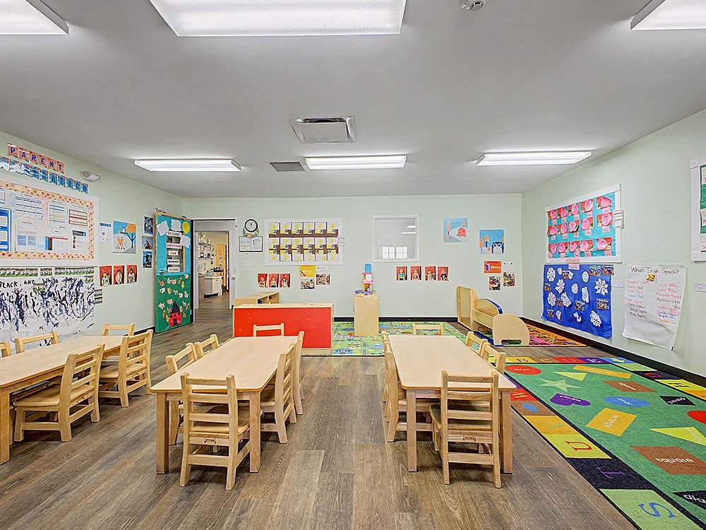 Classroom with tables, chairs, and colorful decor