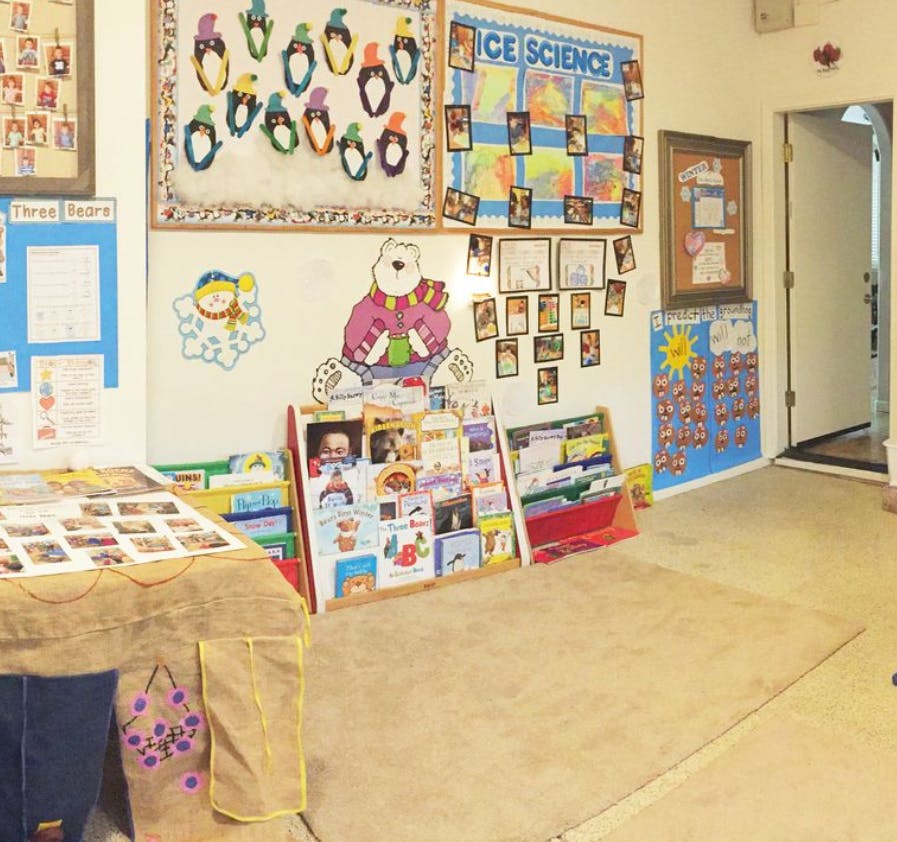 Classroom with children's artwork and books displayed
