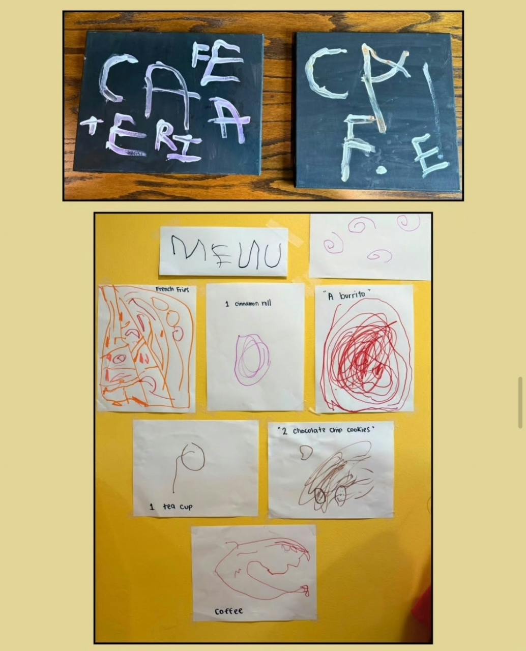 Child's drawings and signs for a pretend cafe or cafeteria