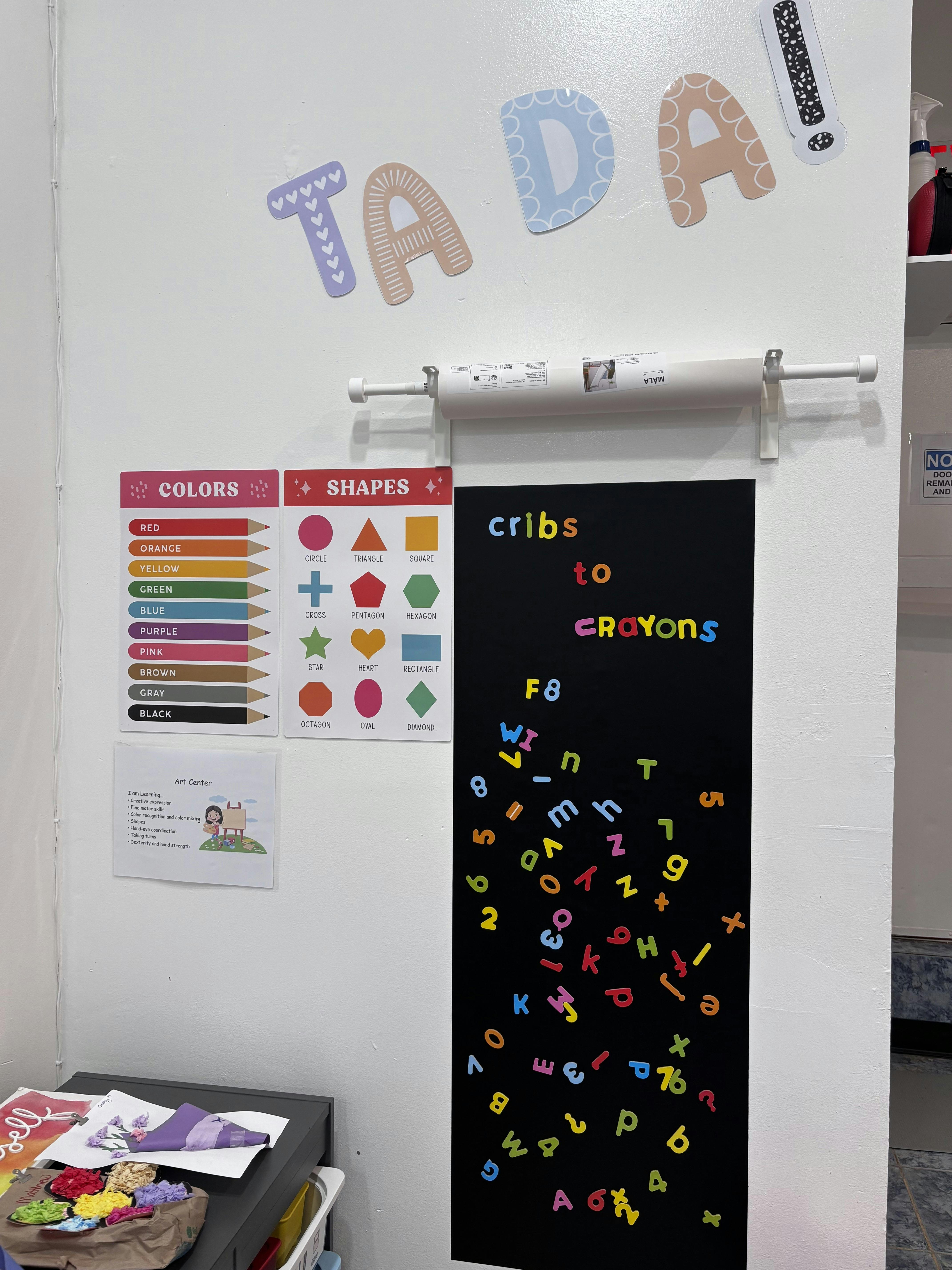 Classroom wall with educational posters, paper roll, and magnetic letter board