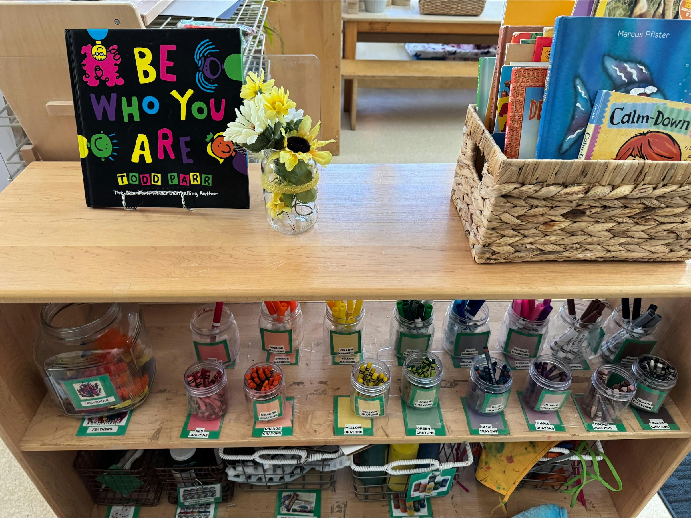 Book titled "Be Who You Are" with a vase of flowers and a basket of books