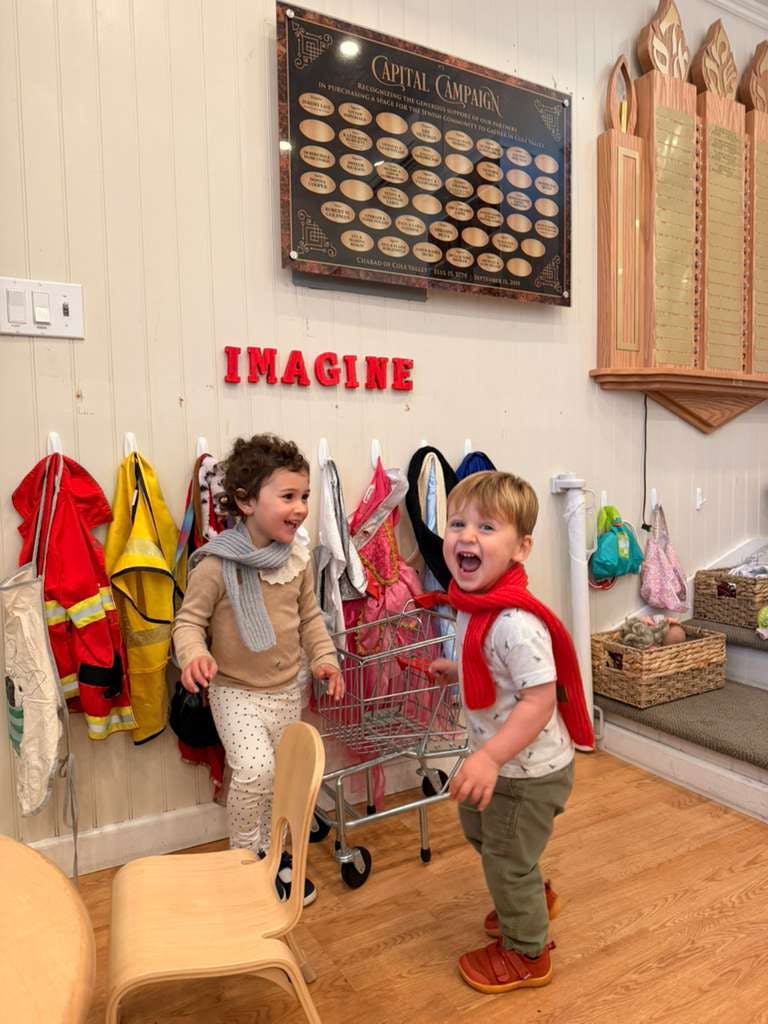 Two young children playing with a toy shopping cart in a room