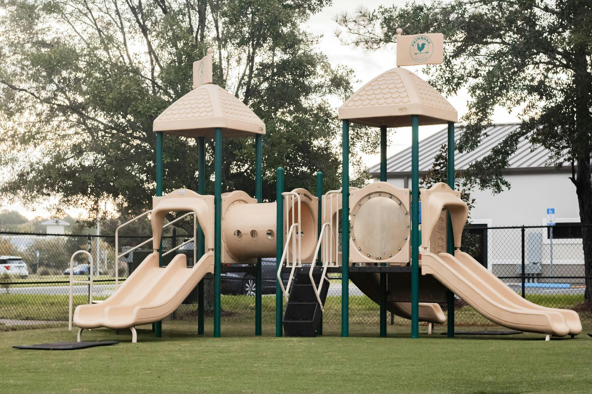 Empty playground structure with slides and tunnels