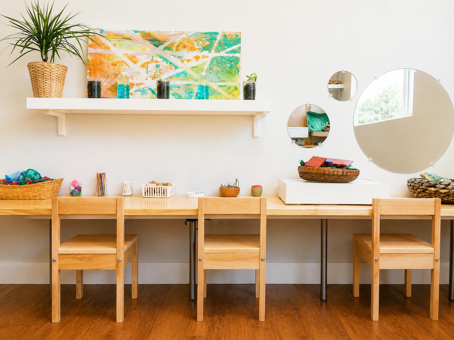 Wooden tables and chairs for children with art supplies and wall decor