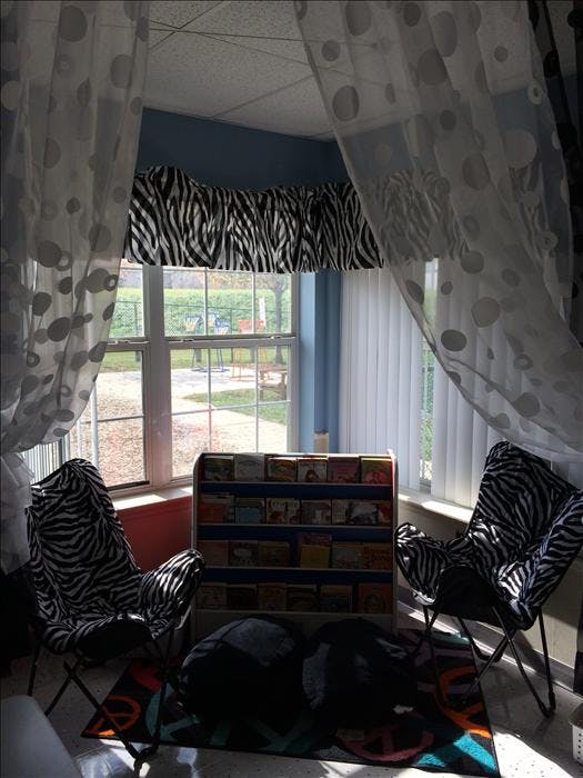 Reading nook with zebra print chairs and bookshelf with pillows on a rug