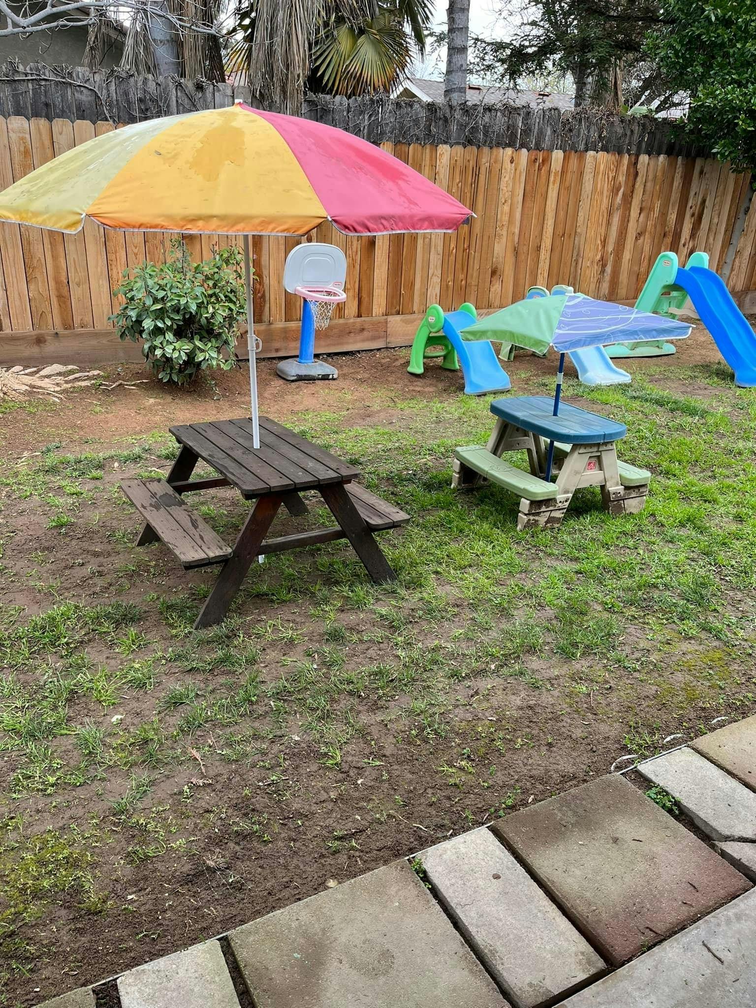 Backyard with picnic tables, umbrellas, and children's slides