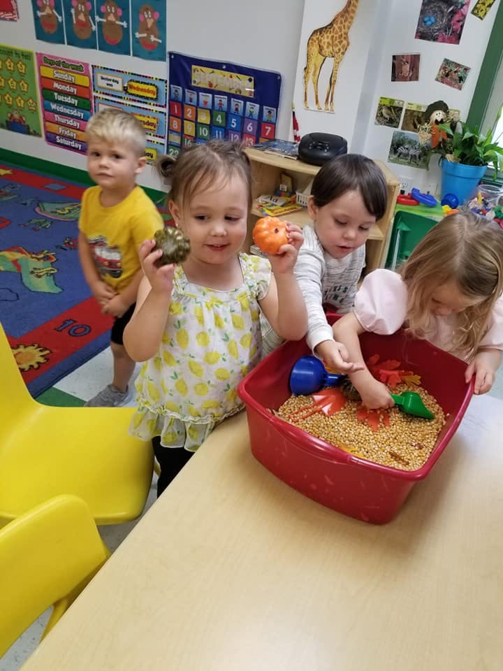 Children playing with sensory bin in a classroom