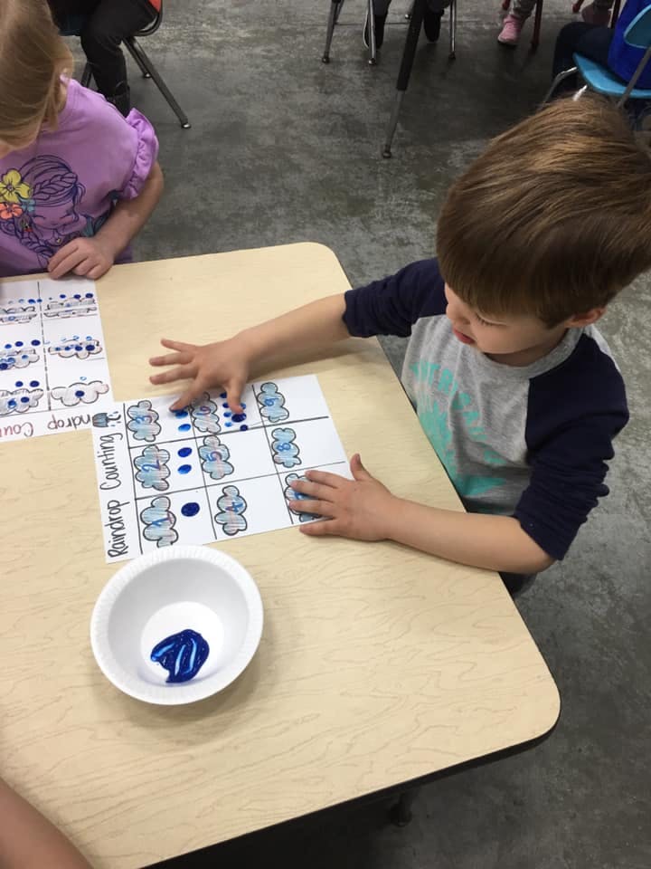 Child doing a raindrop counting activity with blue paint