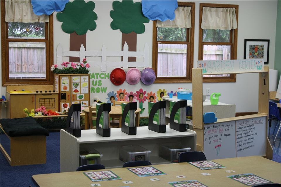 Classroom decorated with trees, fences, and hats on the wall, Garden Center sign
